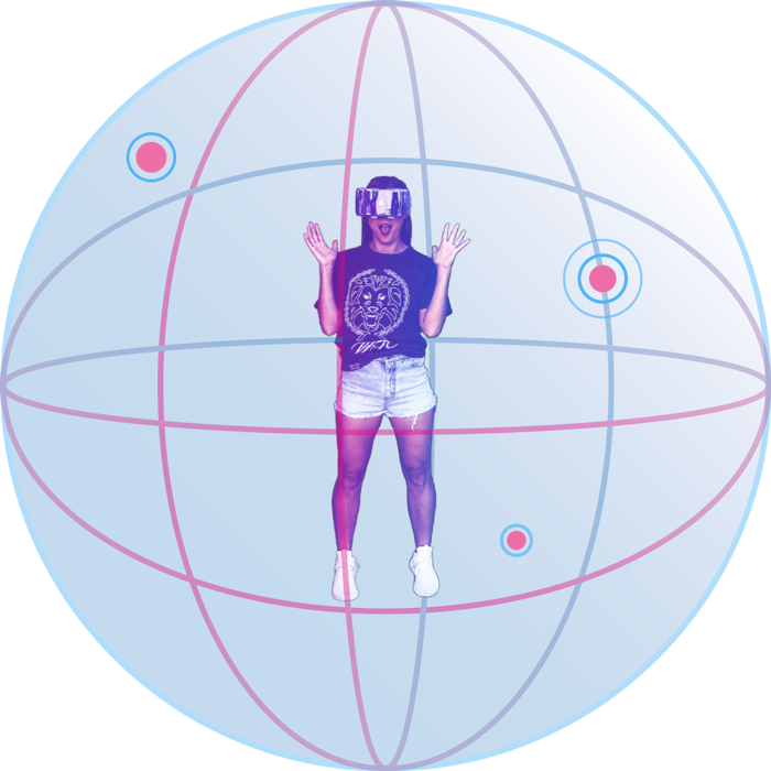A woman standing in a Virtual Reality Sphere